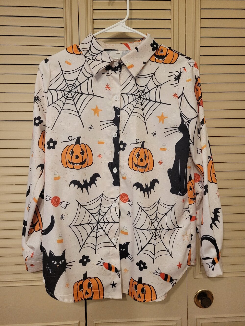 Halloween Button-Up Shirt with Orange Pumpkin Print